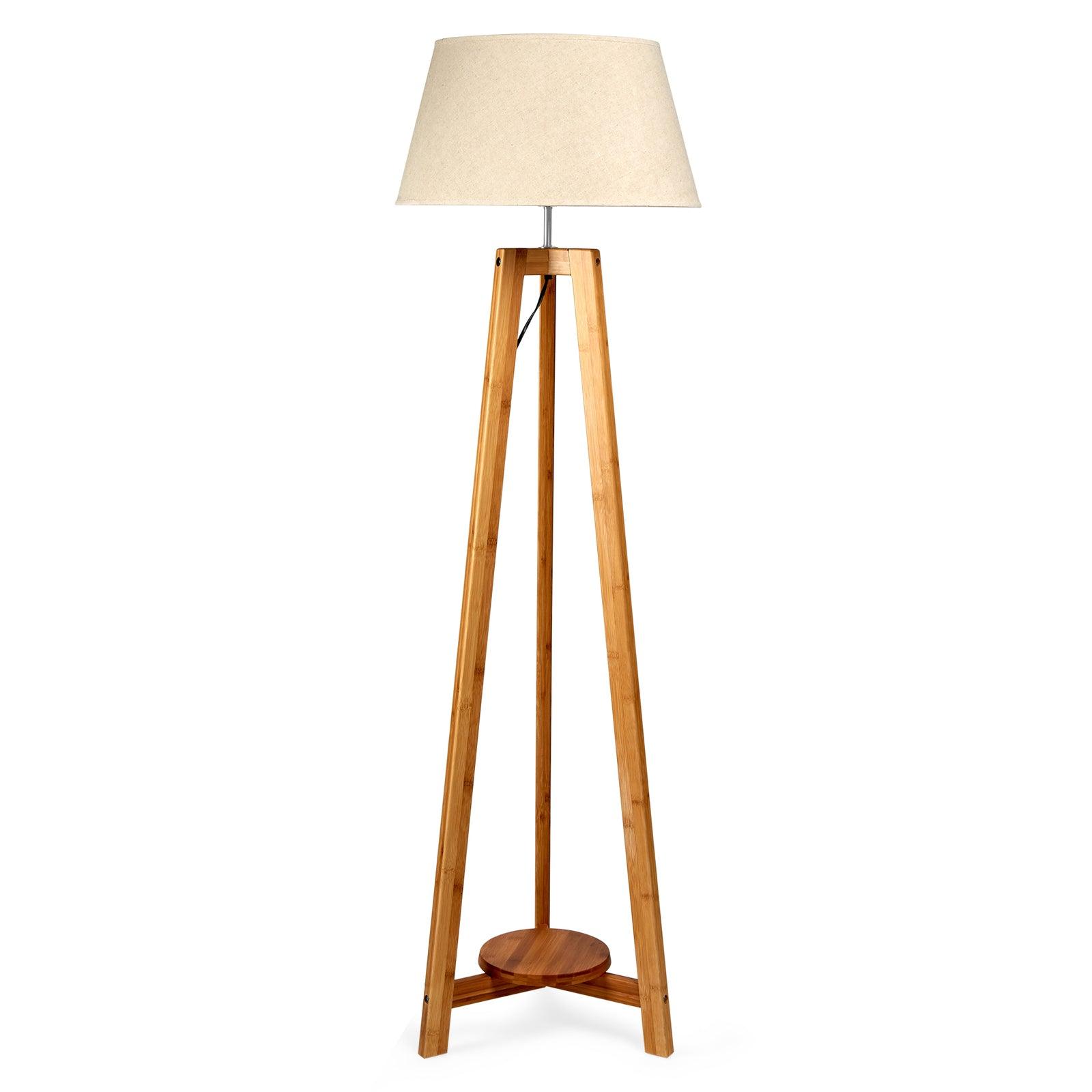 155cm Large Bamboo Wooden Tripod Floor Lamp w Beige Linen Light Shade - Harrogates