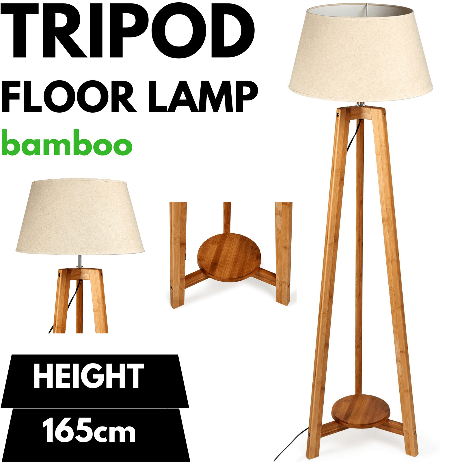 155cm Large Bamboo Wooden Tripod Floor Lamp w Beige Linen Light Shade - Harrogates