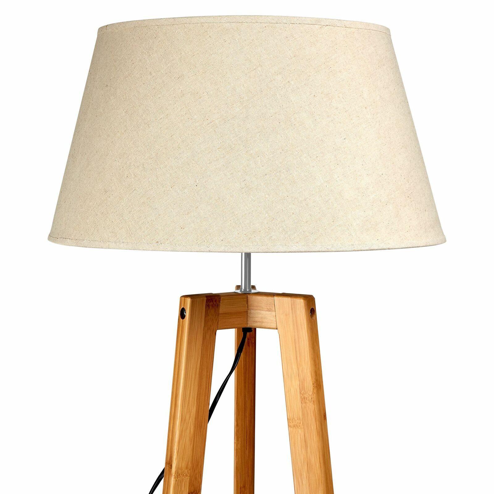 155cm Large Bamboo Wooden Tripod Floor Lamp w Beige Linen Light Shade - Harrogates