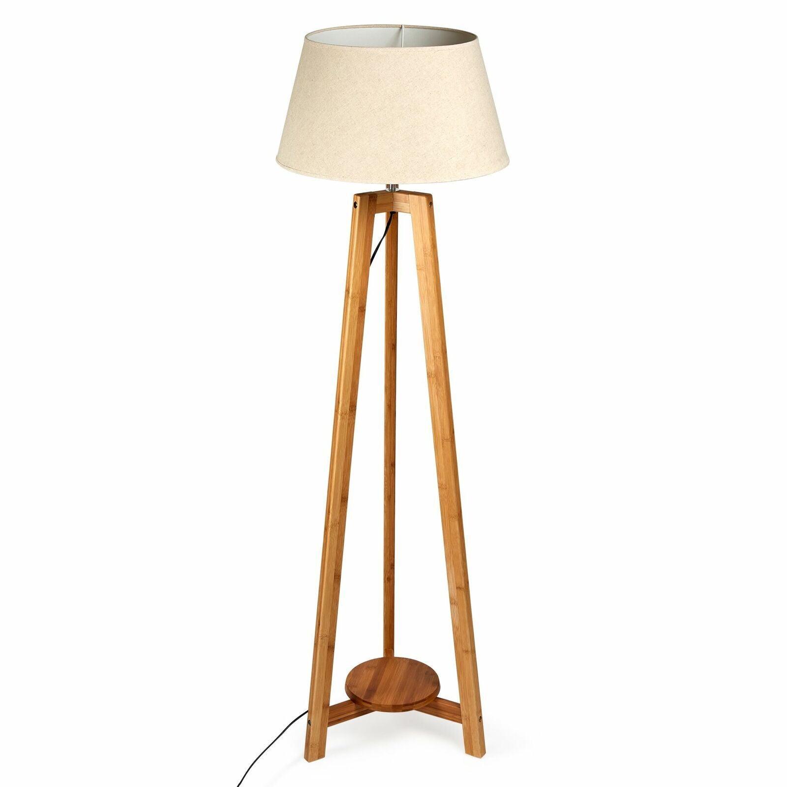 155cm Large Bamboo Wooden Tripod Floor Lamp w Beige Linen Light Shade - Harrogates