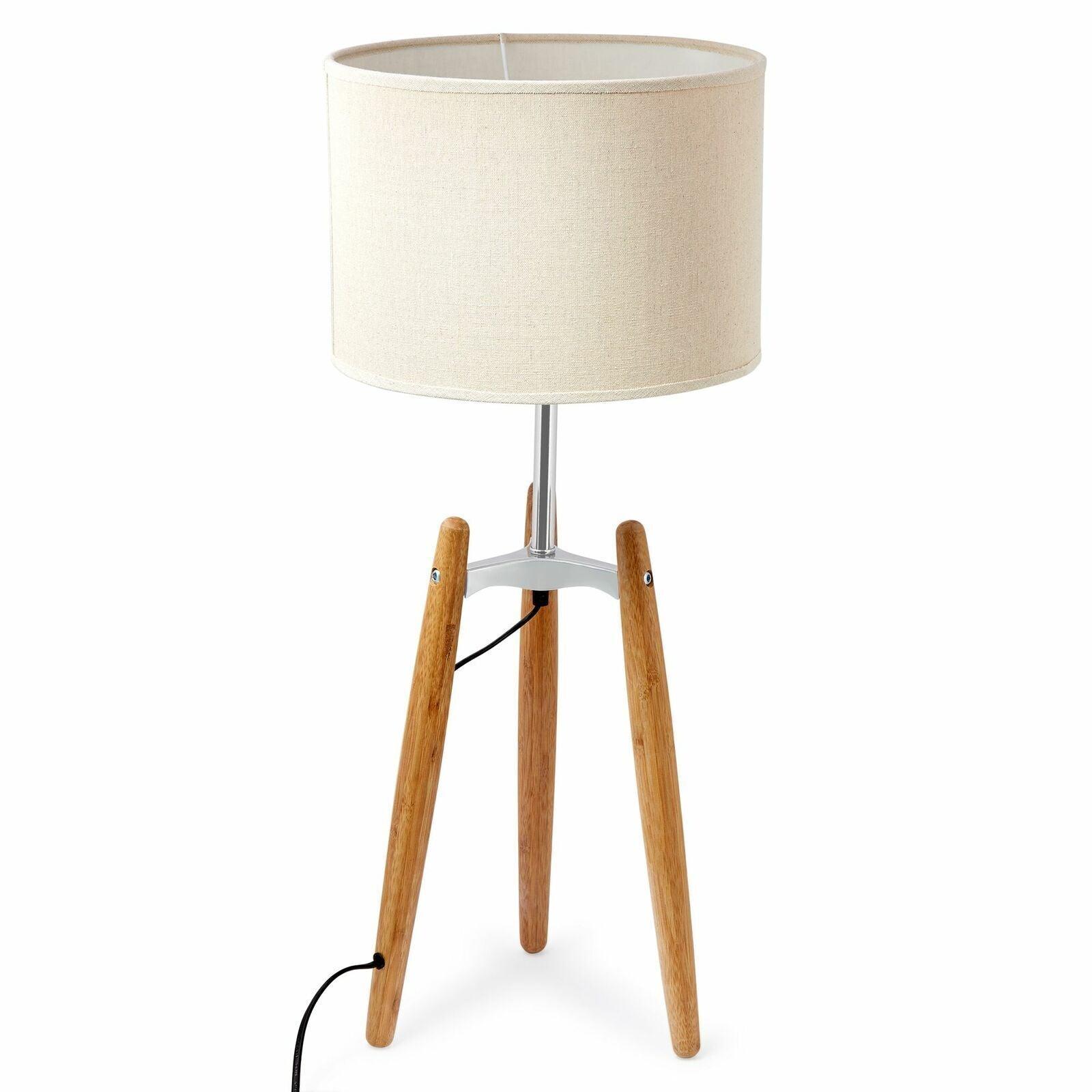 73cm Bamboo Tripod Table Lamp Light Modern Vintage w Beige Linen Shade - Harrogates
