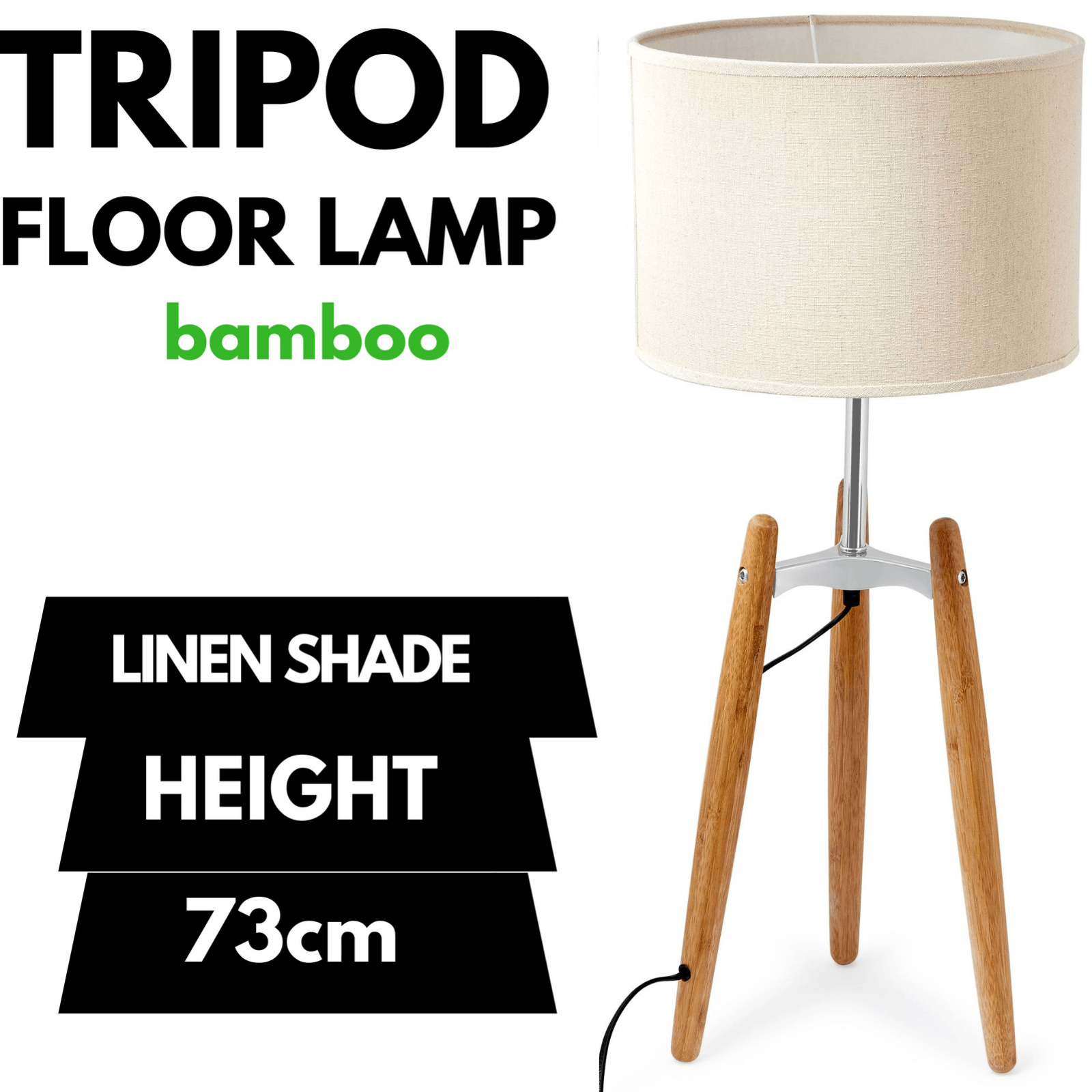 73cm Bamboo Tripod Table Lamp Light Modern Vintage w Beige Linen Shade - Harrogates