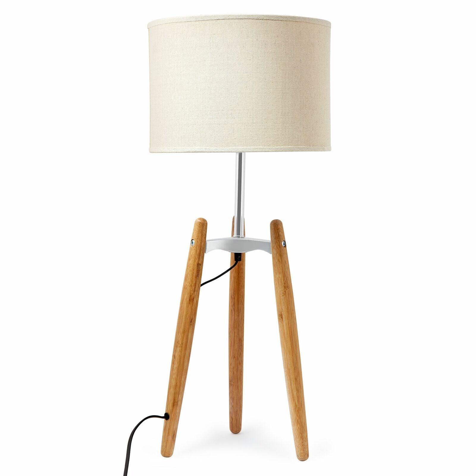 73cm Bamboo Tripod Table Lamp Light Modern Vintage w Beige Linen Shade - Harrogates