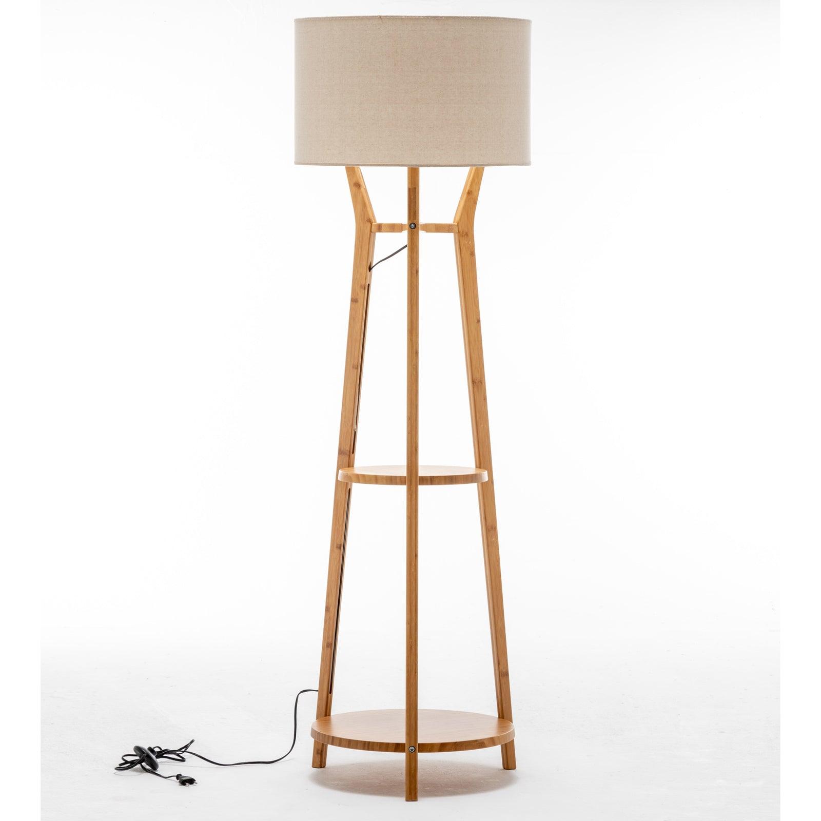168cm Large Bamboo Wooden Tripod Floor Lamp Light Modern Linen Shade w Shelves - Harrogates