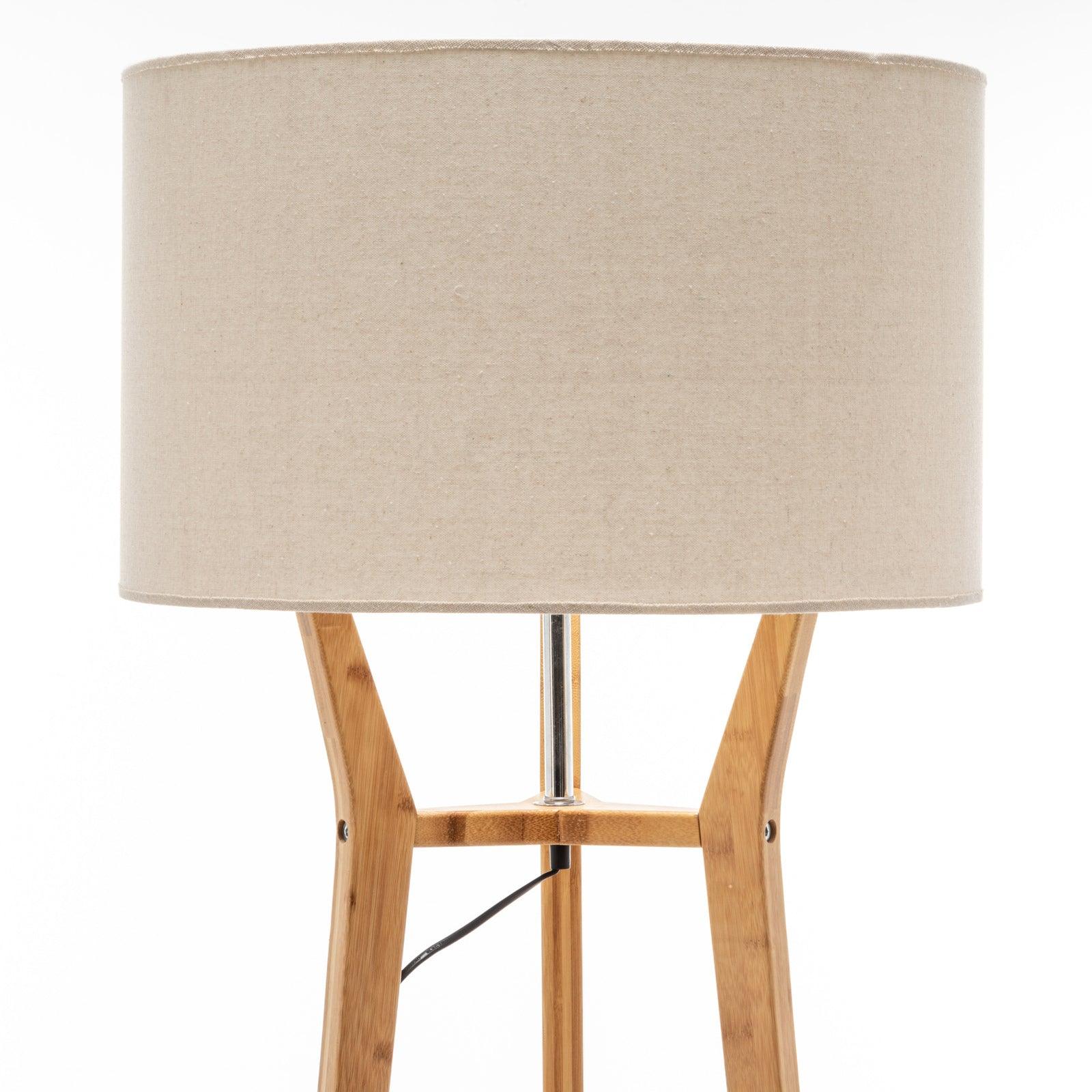 168cm Large Bamboo Wooden Tripod Floor Lamp Light Modern Linen Shade w Shelves - Harrogates