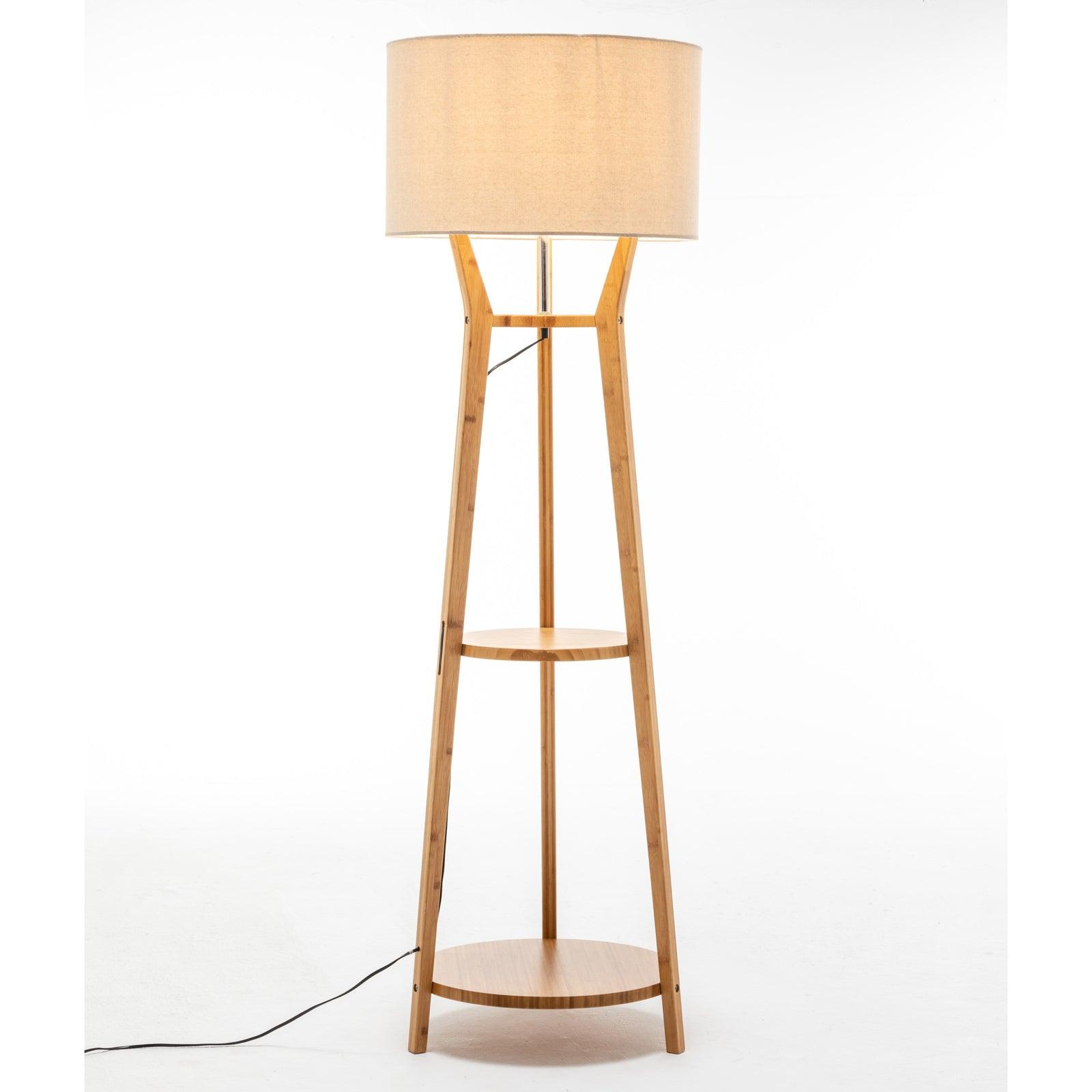 168cm Large Bamboo Wooden Tripod Floor Lamp Light Modern Linen Shade w Shelves - Harrogates
