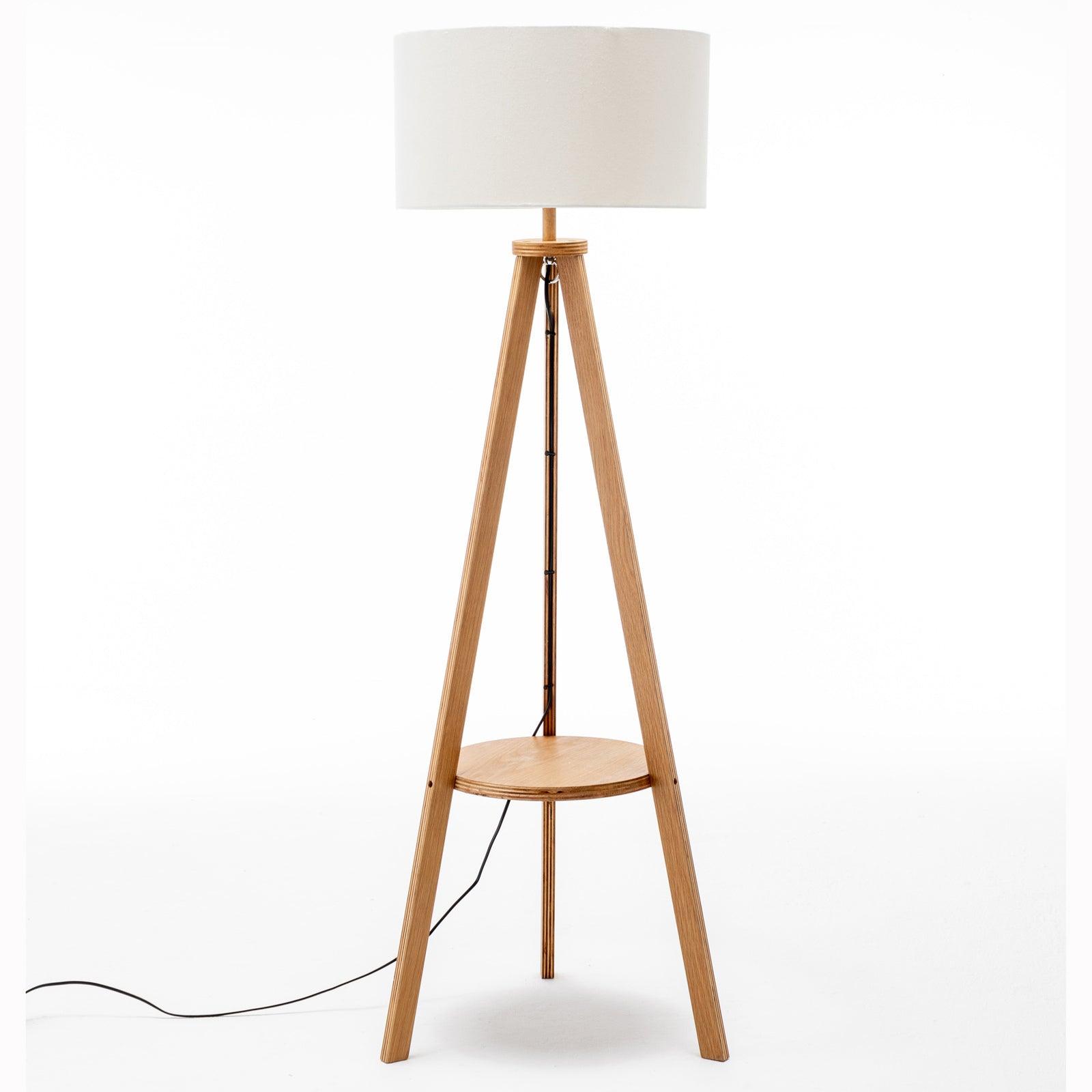 Natural Wooden Tripod Floor Lamp w/ Round Wood Shelf + Off White Linen Shade - Harrogates