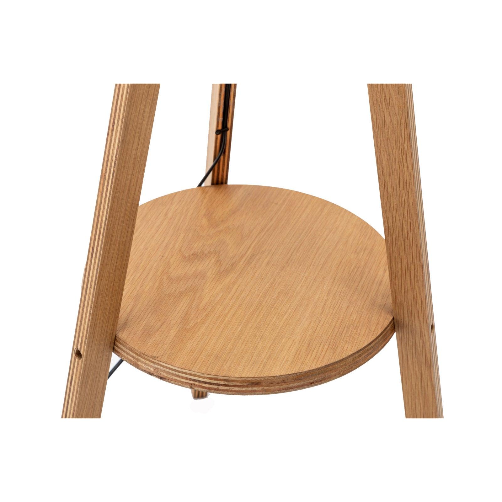 Natural Wooden Tripod Floor Lamp w/ Round Wood Shelf + Off White Linen Shade - Harrogates