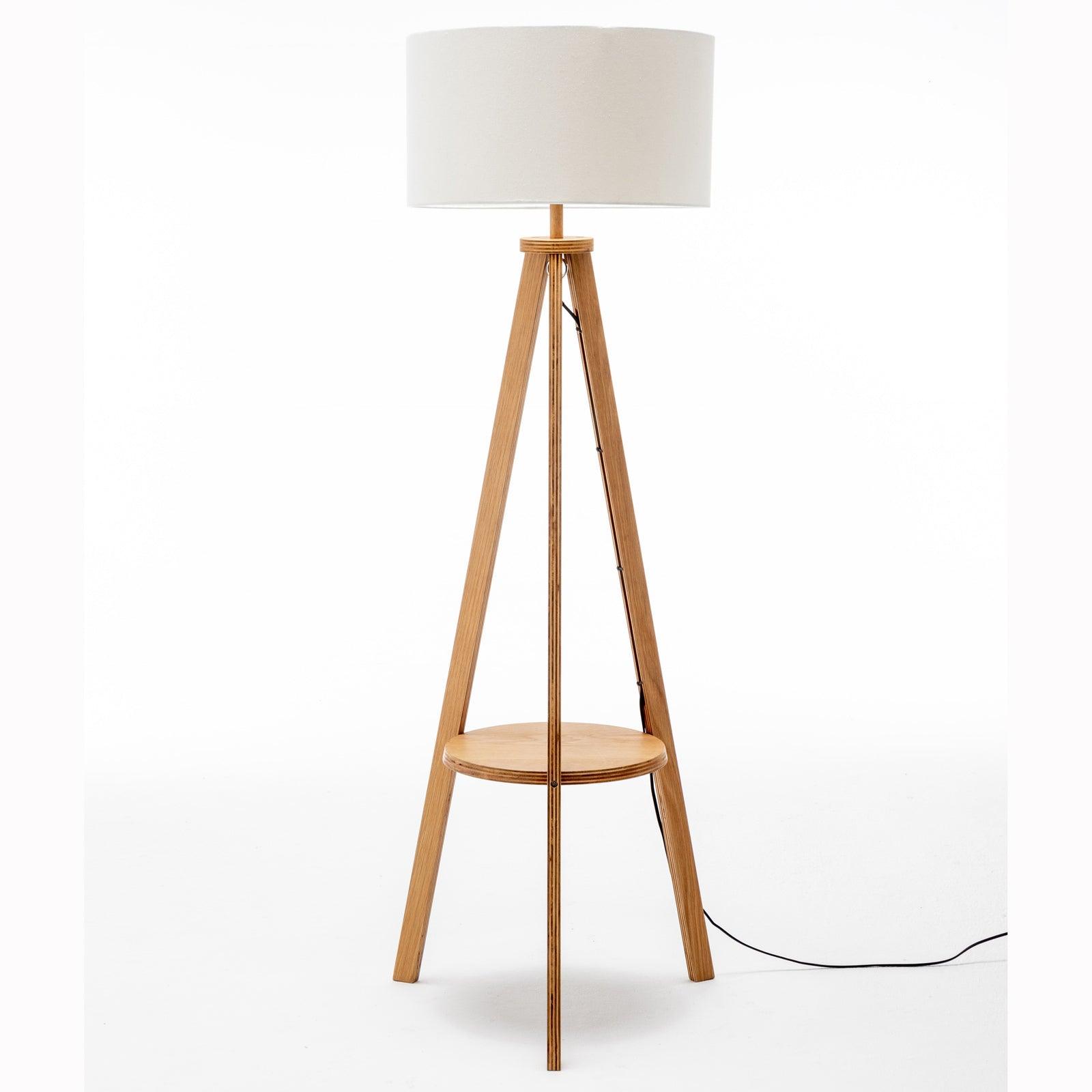 Natural Wooden Tripod Floor Lamp w/ Round Wood Shelf + Off White Linen Shade - Harrogates