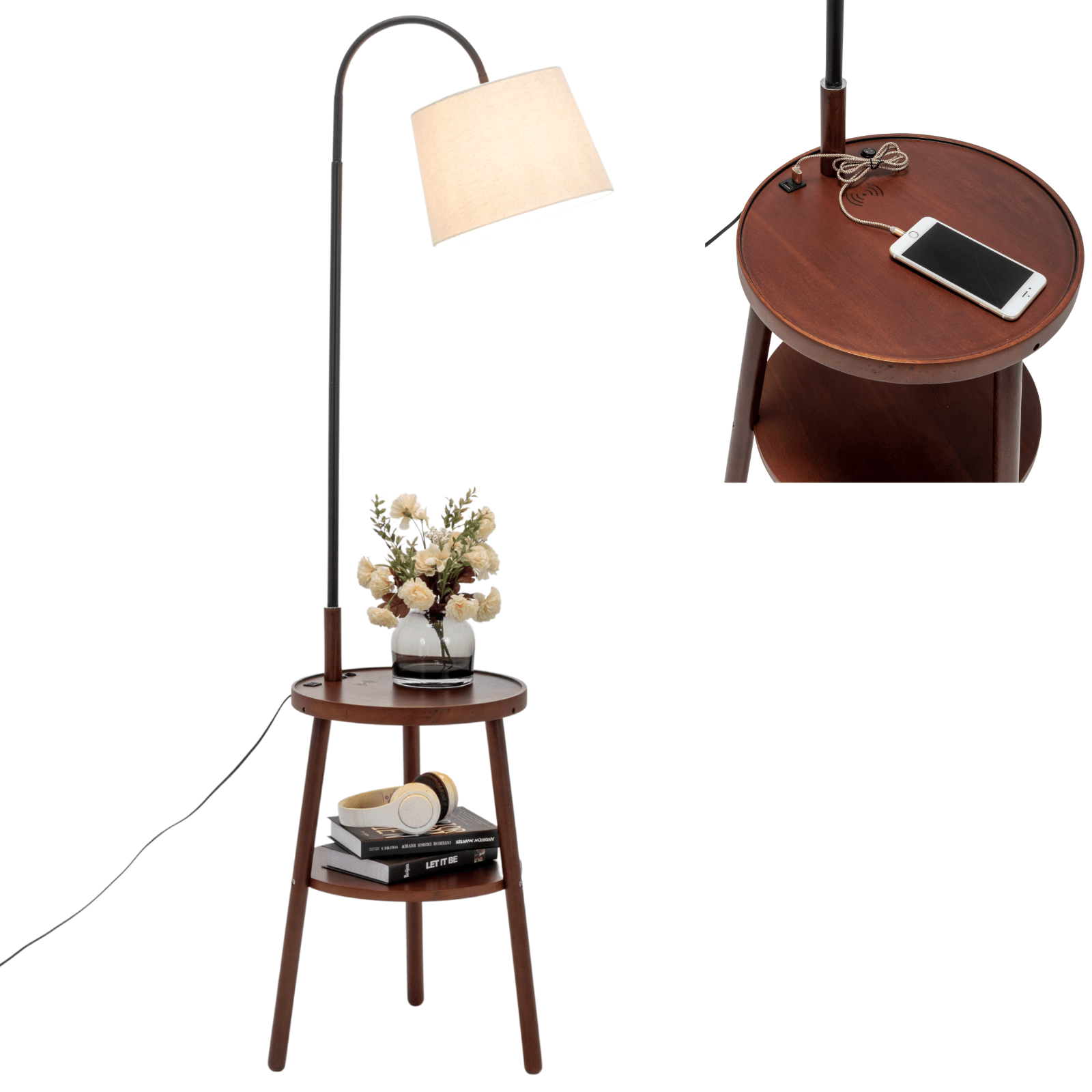 Naples Tripod Floor Lamp Shelf Storage Drawer Bed Side Table Light w/ USB Charger - Harrogates
