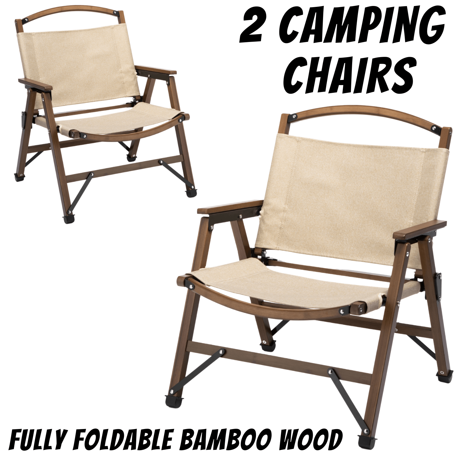 2x Bamboo Foldable Outdoor Camping Chair Wooden Travel Picnic Park Folding - Khaki/Beige - Harrogates