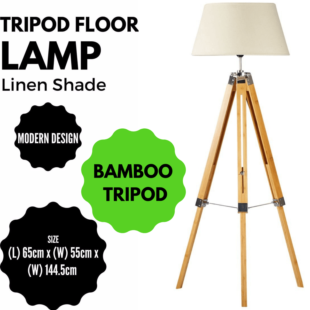LARGE TRIPOD FLOOR LAMP Linen Shade Modern Light Bamboo Vintage Wooden Retro - Harrogates