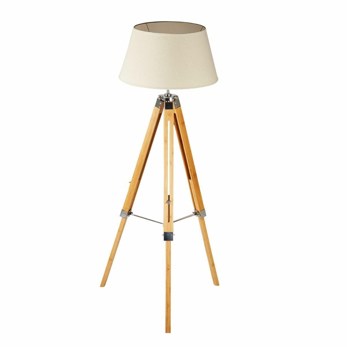 LARGE TRIPOD FLOOR LAMP Linen Shade Modern Light Bamboo Vintage Wooden Retro - Harrogates
