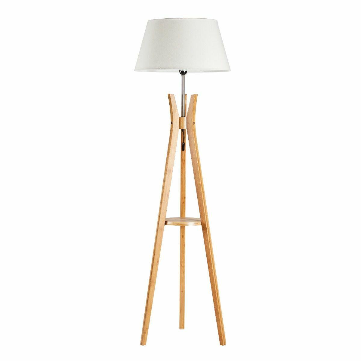 LARGE BAMBOO TRIPOD FLOOR LAMP Linen Shade Modern Light Vintage Wooden Scandi - Harrogates