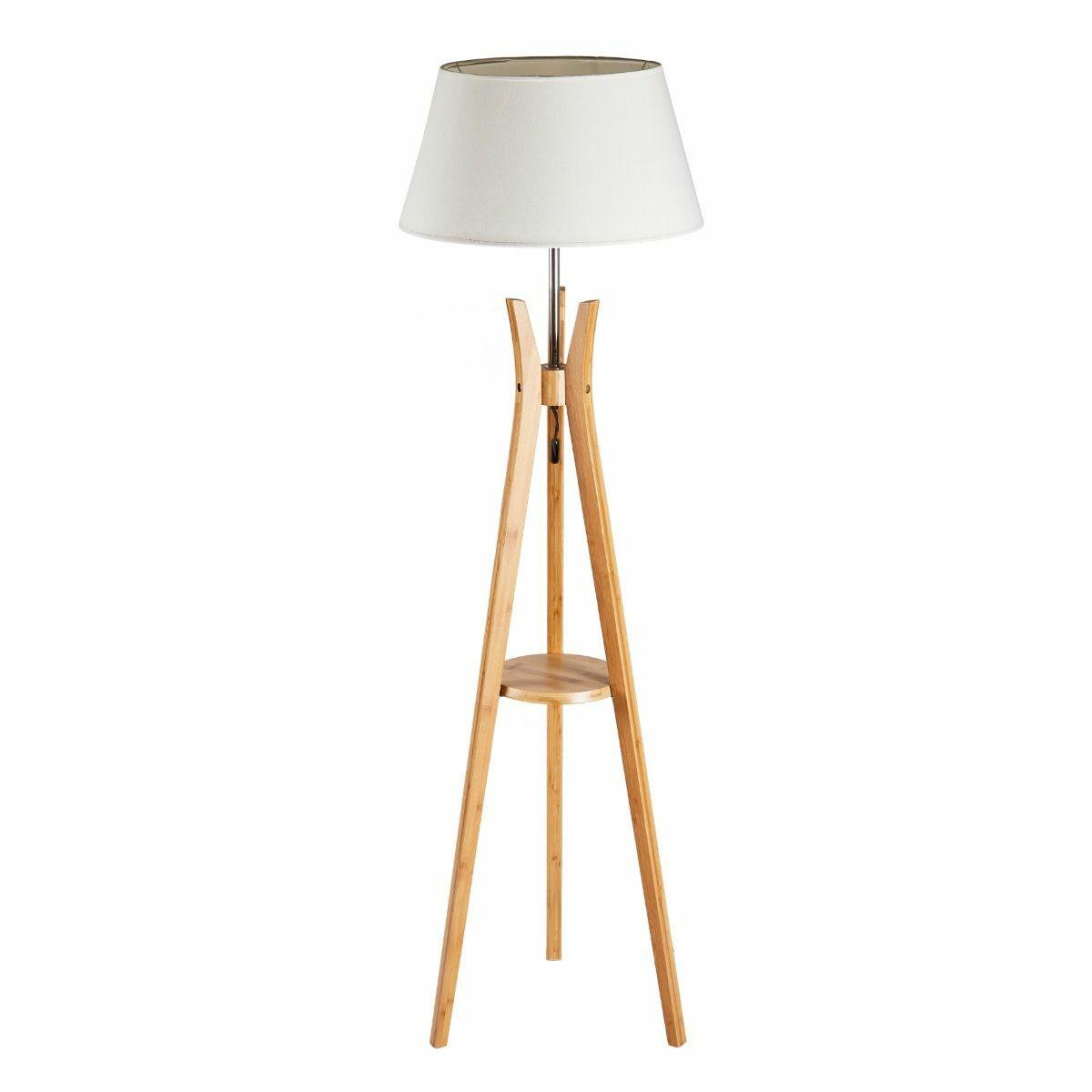 LARGE BAMBOO TRIPOD FLOOR LAMP Linen Shade Modern Light Vintage Wooden Scandi - Harrogates