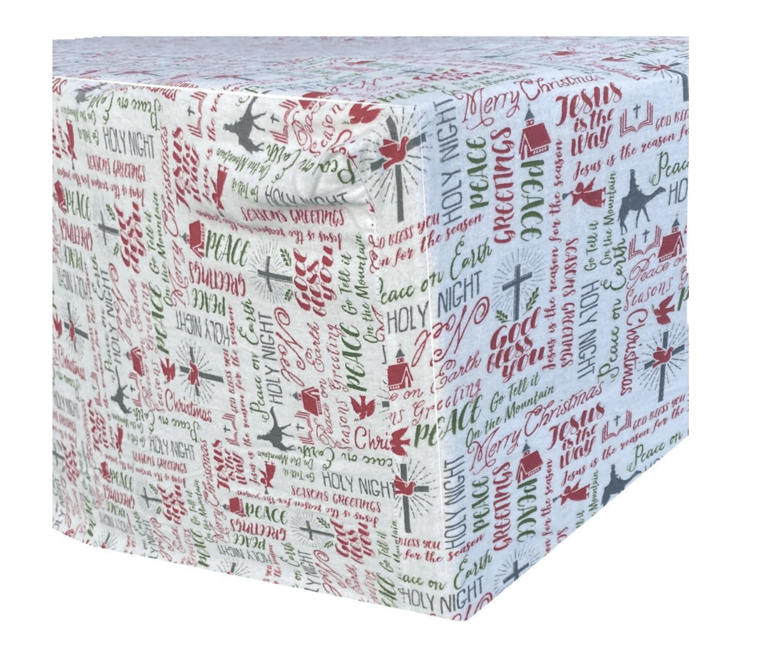 Christmas-themed fabric storage box with red, green, and gray festive typography and icons