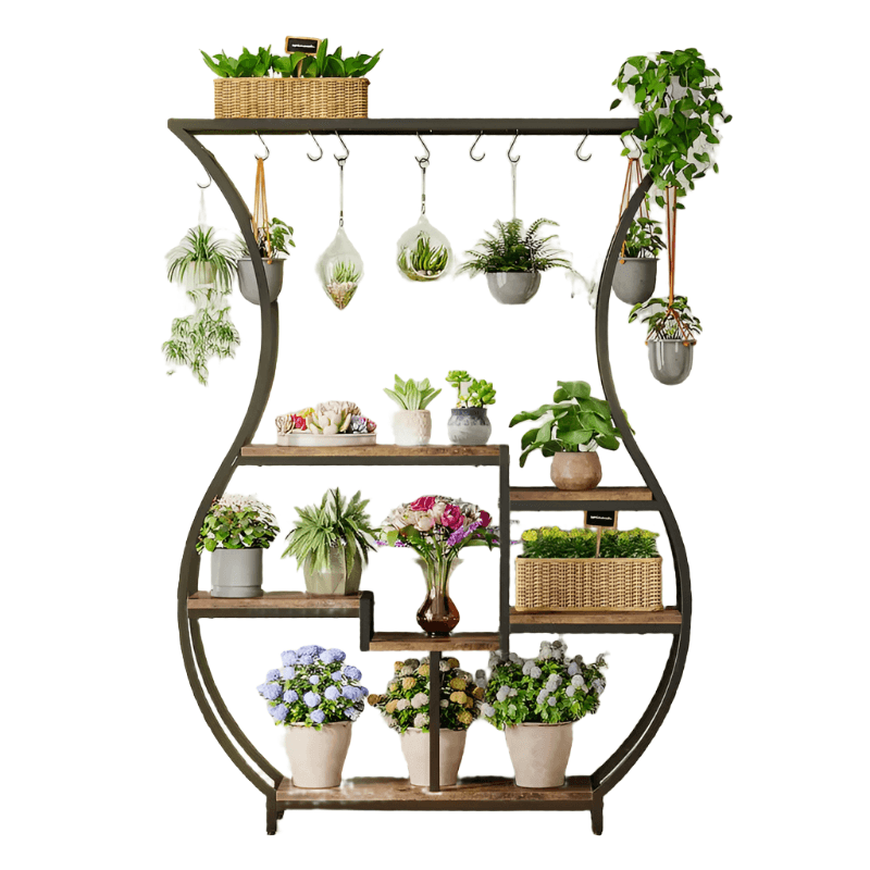 6-Tier Plant Stand with Vase Shape Ladder Design, Rustic Brown - Harrogates