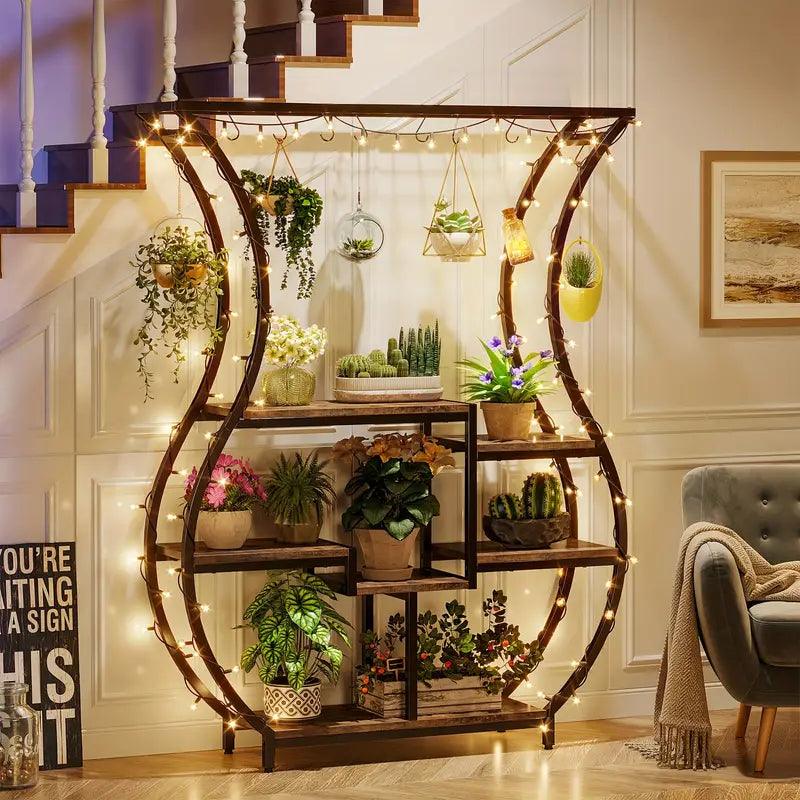 6-Tier Plant Stand with Vase Shape Ladder Design, Rustic Brown - Harrogates