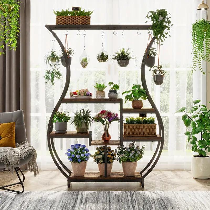 6-Tier Plant Stand with Vase Shape Ladder Design, Rustic Brown - Harrogates