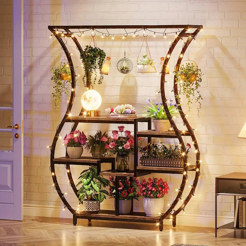 6-Tier Plant Stand with Vase Shape Ladder Design, Rustic Brown - Harrogates