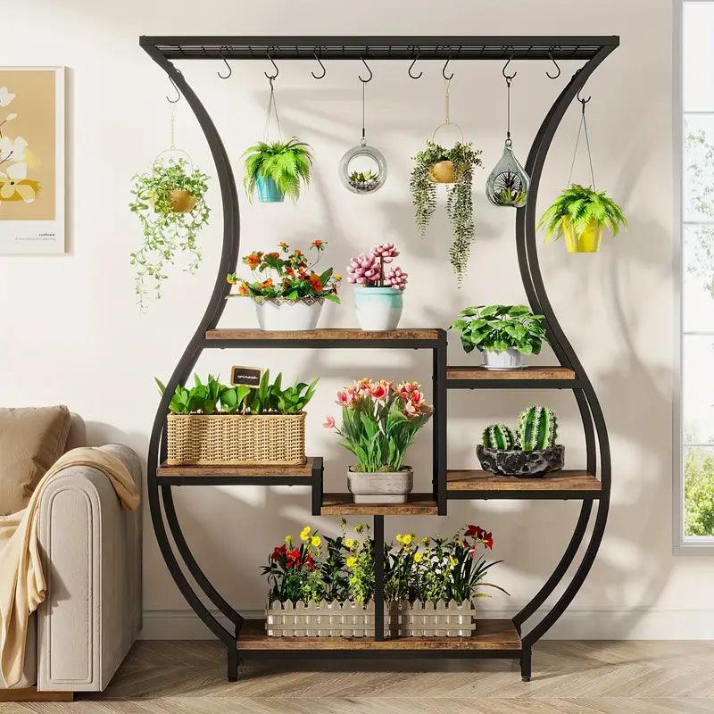 6-Tier Plant Stand with Vase Shape Ladder Design, Rustic Brown - Harrogates
