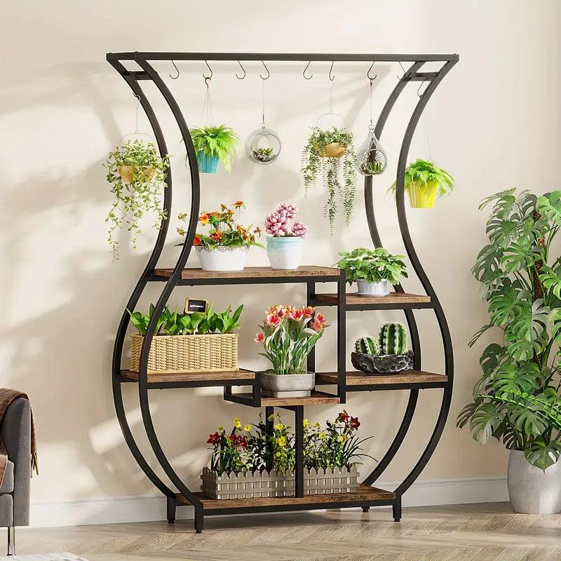 6-Tier Plant Stand with Vase Shape Ladder Design, Rustic Brown - Harrogates