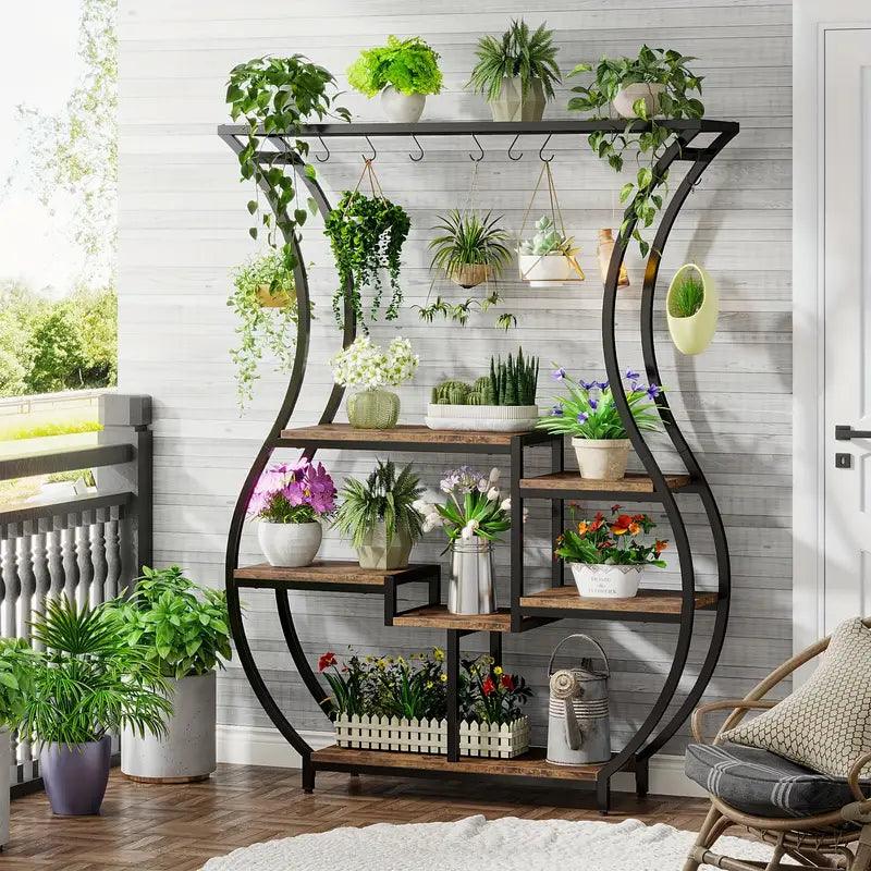 6-Tier Plant Stand with Vase Shape Ladder Design, Rustic Brown - Harrogates