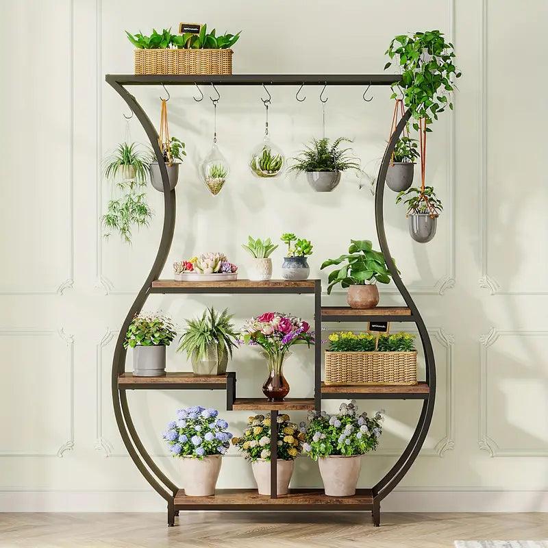 6-Tier Plant Stand with Vase Shape Ladder Design, Rustic Brown - Harrogates