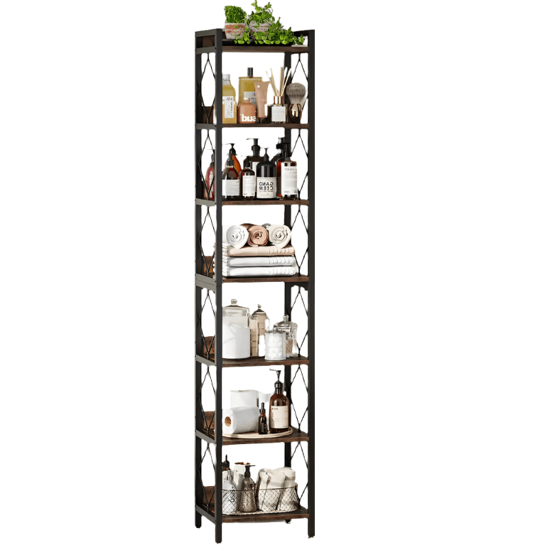 NNETMLT 78.7 Inch Extra Tall 7 Tier Skinny Bookcase, Rustic Brown - Harrogates