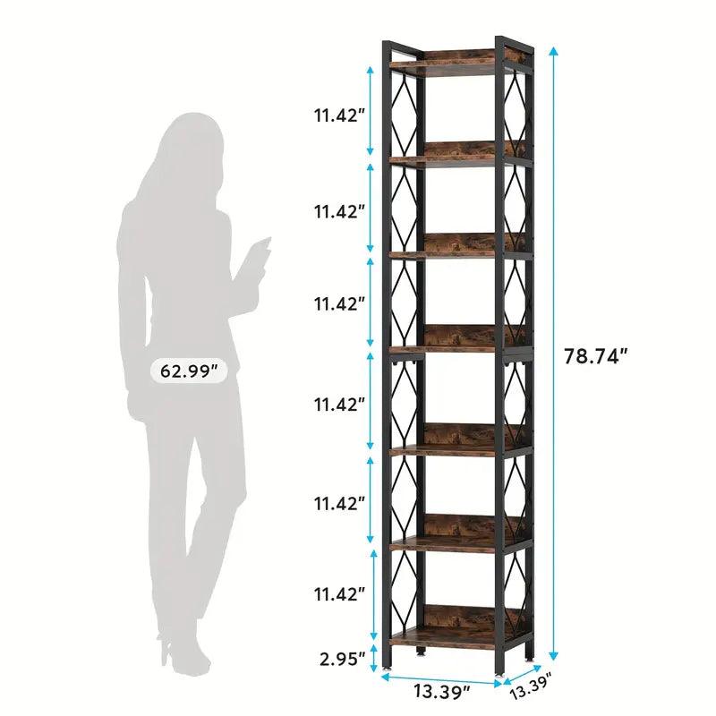 NNETMLT 78.7 Inch Extra Tall 7 Tier Skinny Bookcase, Rustic Brown - Harrogates