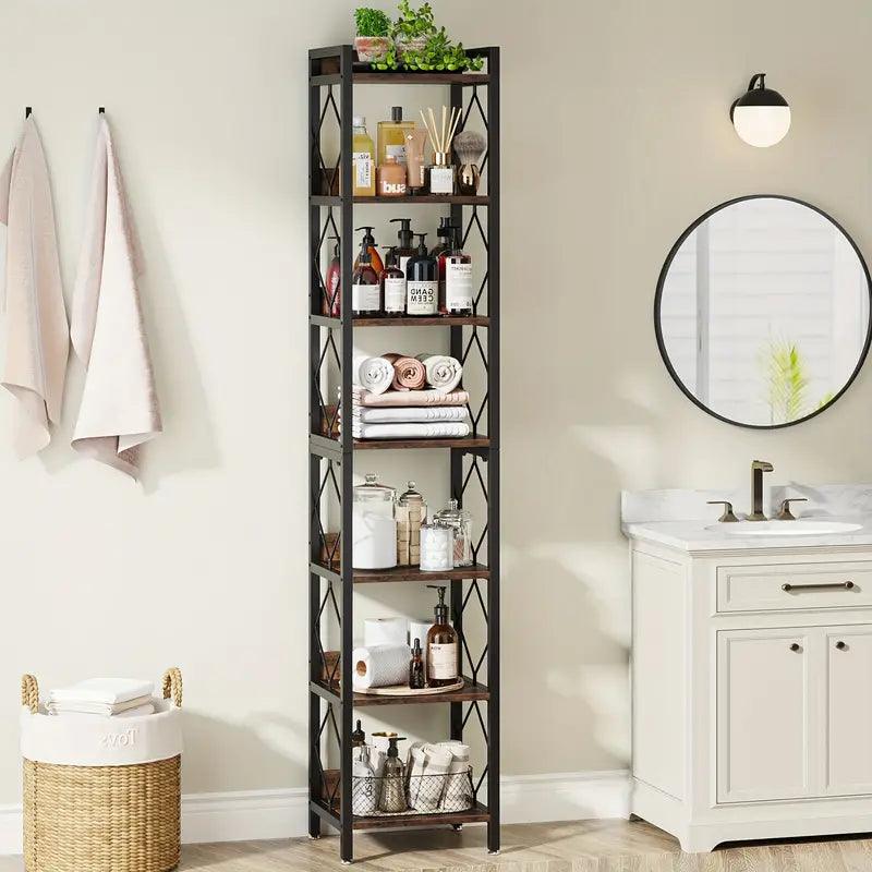 NNETMLT 78.7 Inch Extra Tall 7 Tier Skinny Bookcase, Rustic Brown - Harrogates