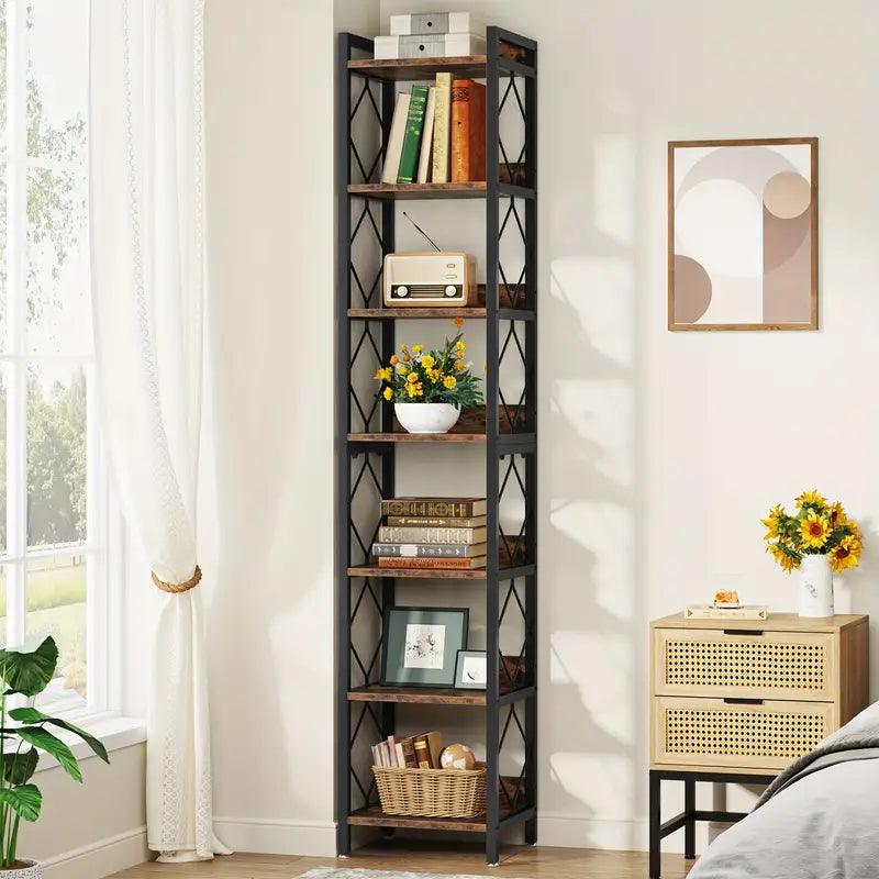 NNETMLT 78.7 Inch Extra Tall 7 Tier Skinny Bookcase, Rustic Brown - Harrogates