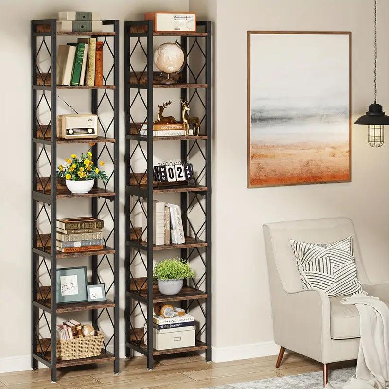 NNETMLT 78.7 Inch Extra Tall 7 Tier Skinny Bookcase, Rustic Brown - Harrogates