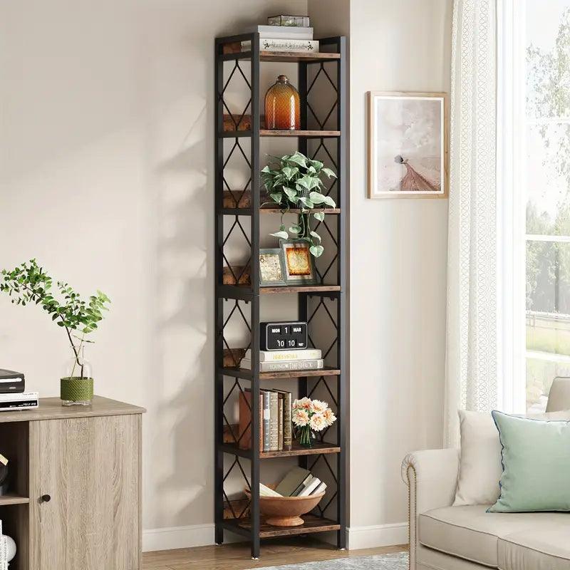 NNETMLT 78.7 Inch Extra Tall 7 Tier Skinny Bookcase, Rustic Brown - Harrogates