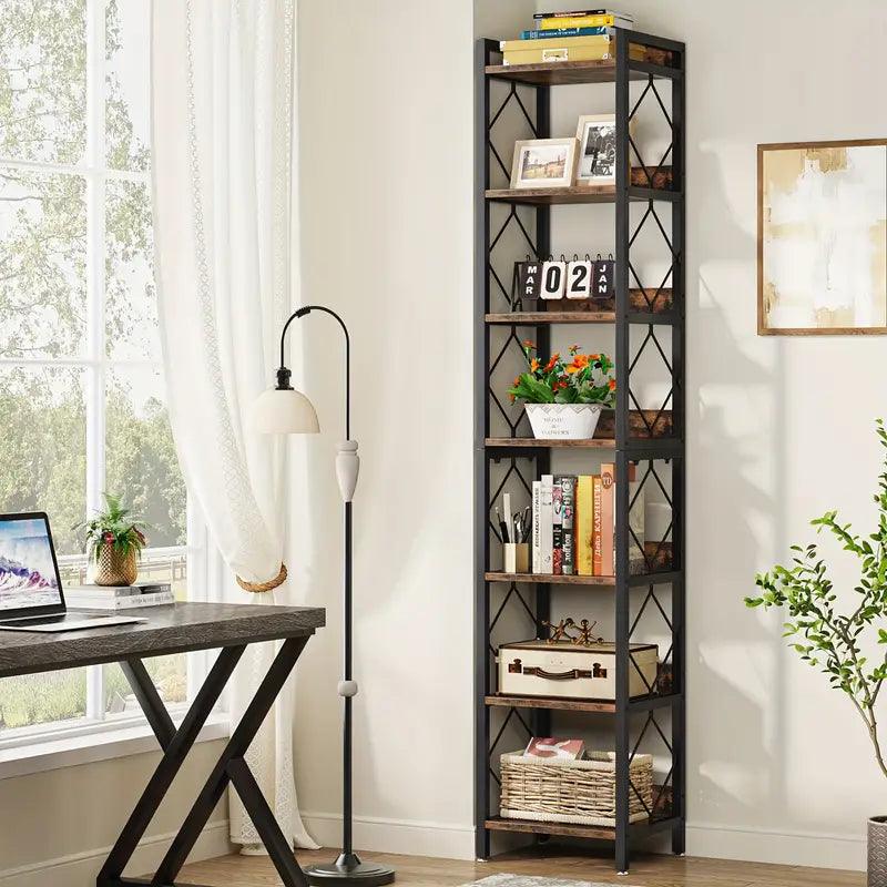 NNETMLT 78.7 Inch Extra Tall 7 Tier Skinny Bookcase, Rustic Brown - Harrogates