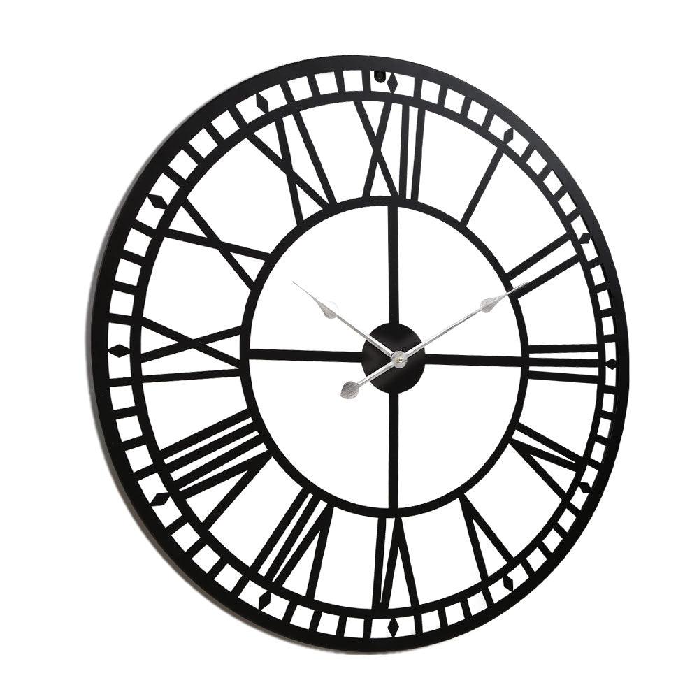Artiss 60cm Wall Clock Large Roman Numerals Metal Black - Harrogates