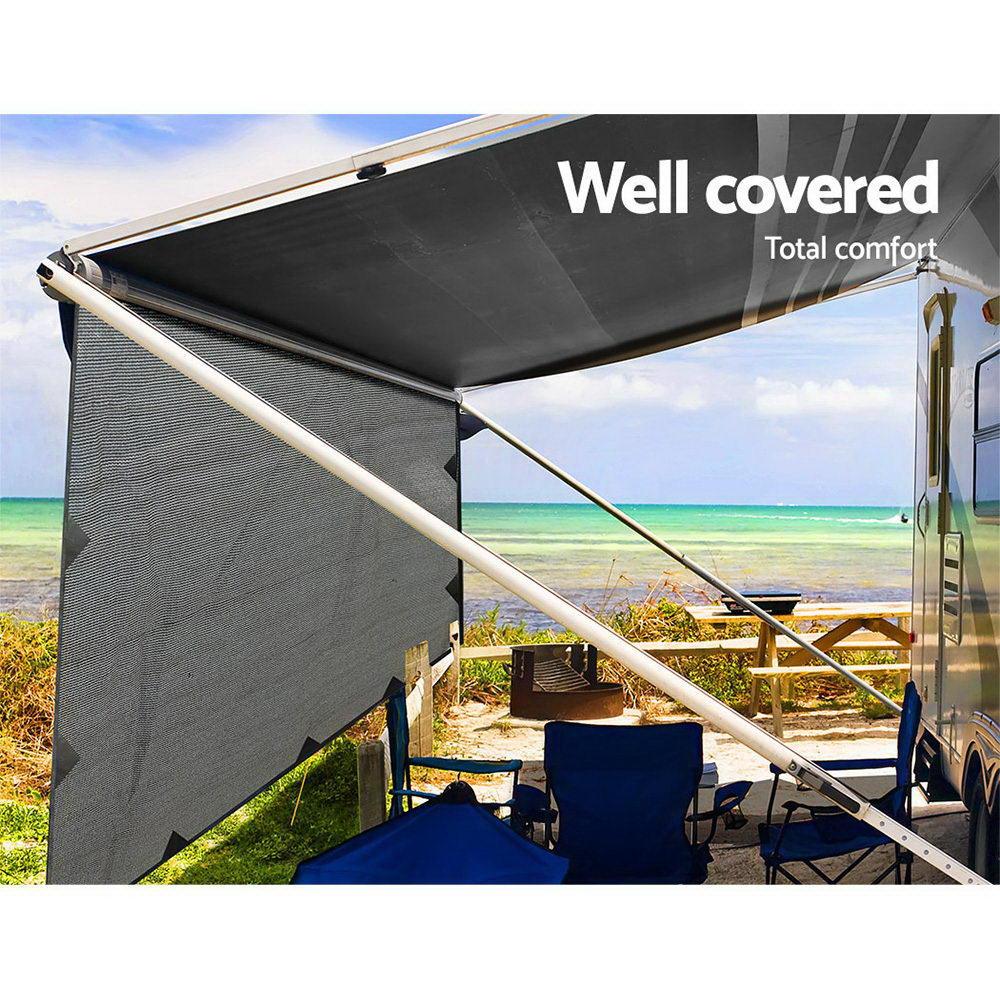 Caravan Privacy Screen Roll Out Awning 4.6x1.95M End Wall Side Sun Shade Grey - Harrogates