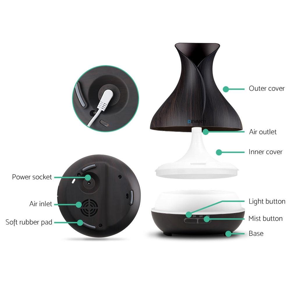 Devanti Aroma Diffuser Aromatherapy Dark Wood 400ml - Harrogates
