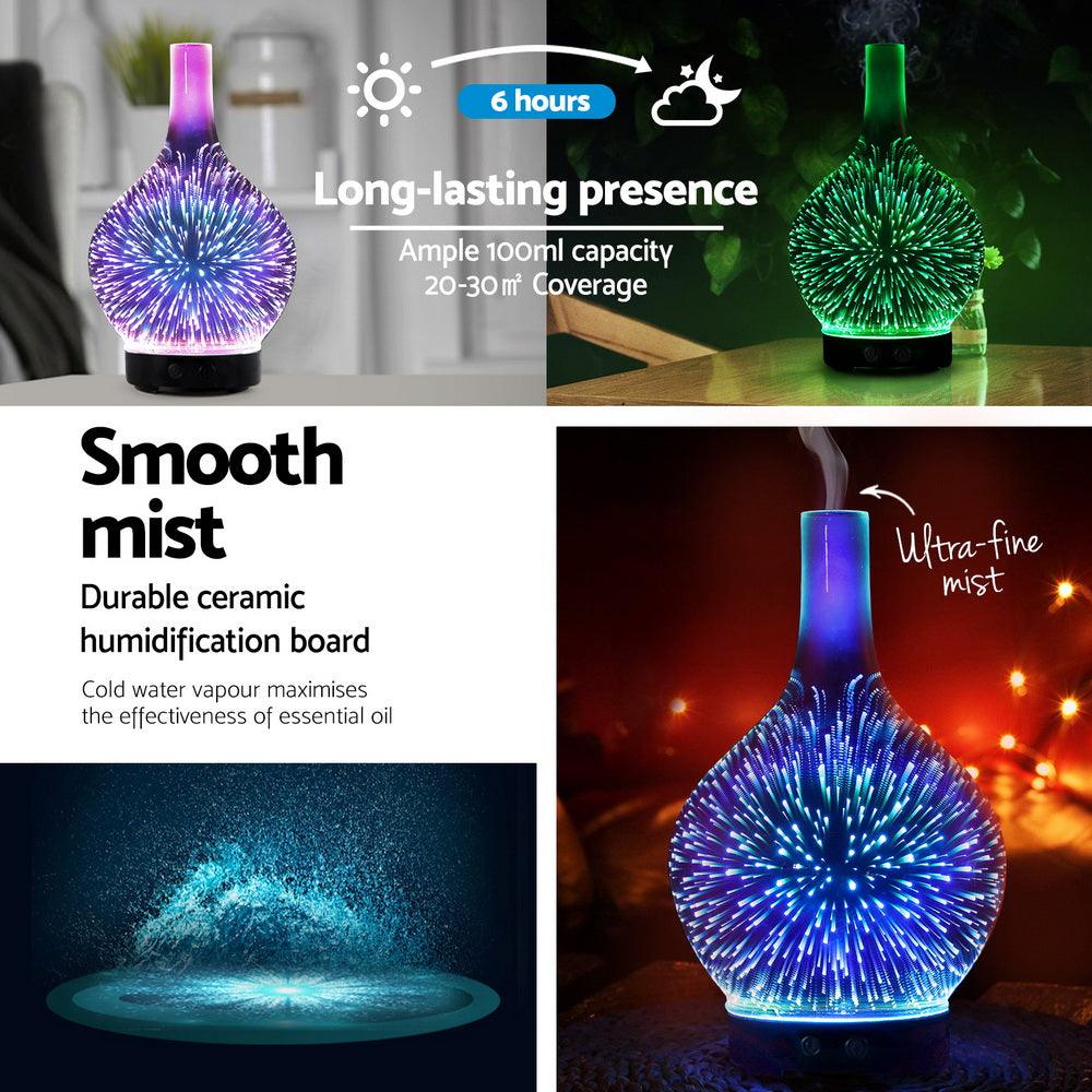 Colorful LED essential oil diffuser with 3D firework design, ceramic humidifier, ultra-fine mist.