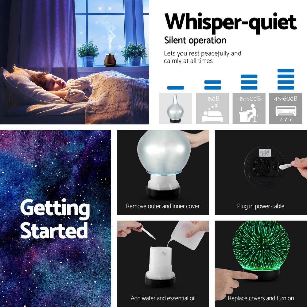 Aromatherapy diffuser with color-changing LED light, quiet operation, steps to use, and a sleeping person.