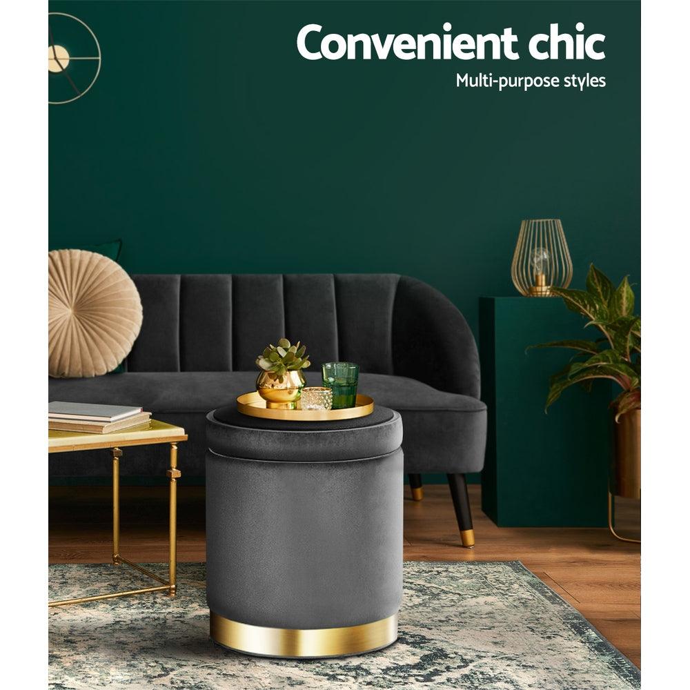 Artiss Ottoman Storage Foot Stool Round Velvet Charcoal - Harrogates