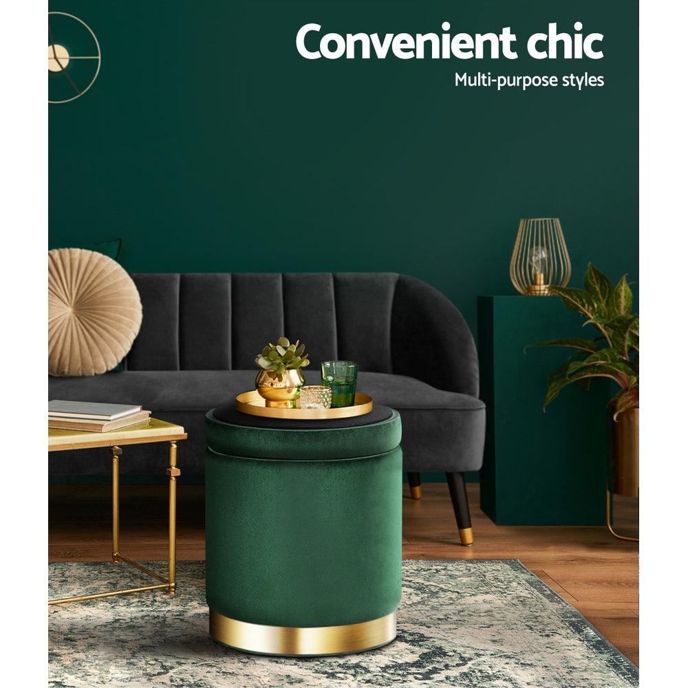 Artiss Ottoman Storage Foot Stool Round Velvet Green - Harrogates