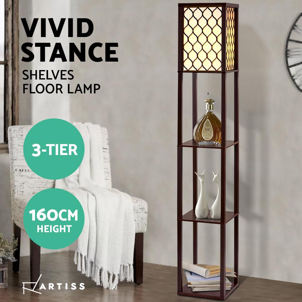 Artiss Floor Lamp 3 Tier Shelf Storage LED Light Stand Home Room Pattern Brown - Harrogates