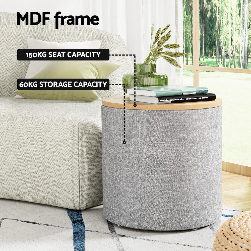 Artiss Storage Ottoman Blanket Box 40cm Linen Round Grey - Harrogates