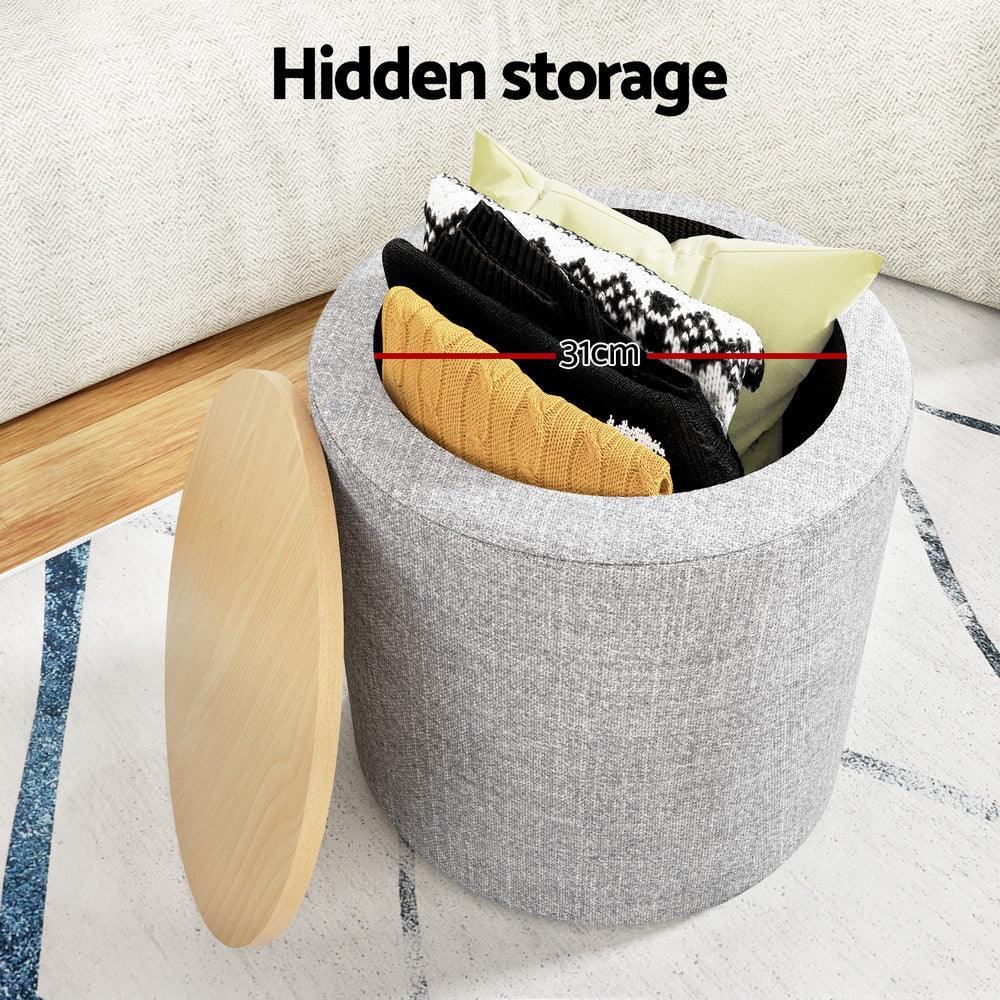 Artiss Storage Ottoman Blanket Box 40cm Linen Round Grey - Harrogates