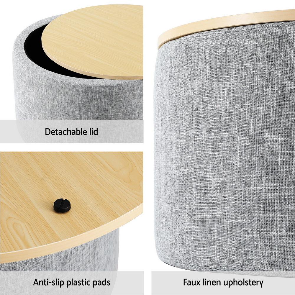 Artiss Storage Ottoman Blanket Box 40cm Linen Round Grey - Harrogates