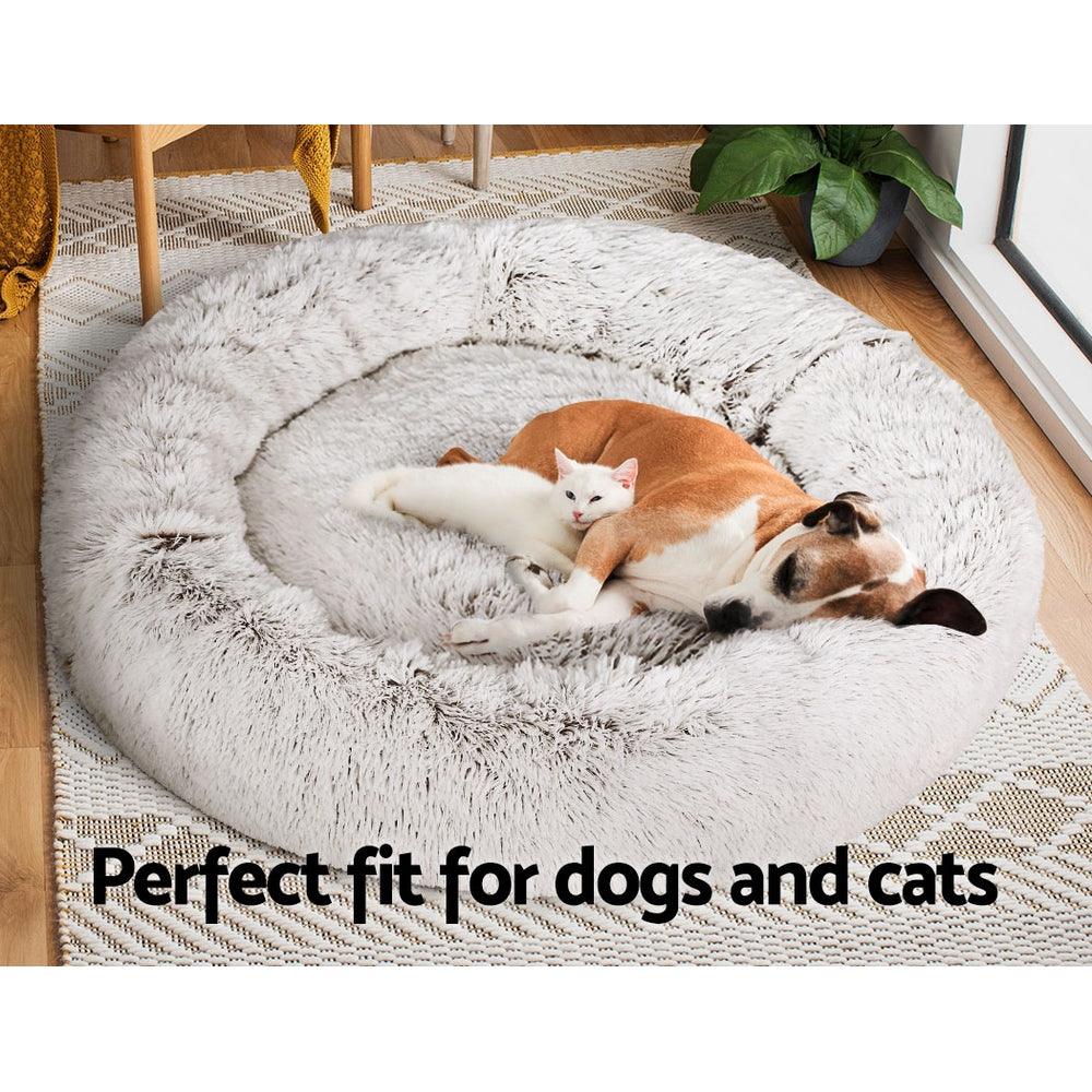 i.Pet Pet Bed Dog Cat 110cm Calming Extra Large Soft Plush White Brown - Harrogates