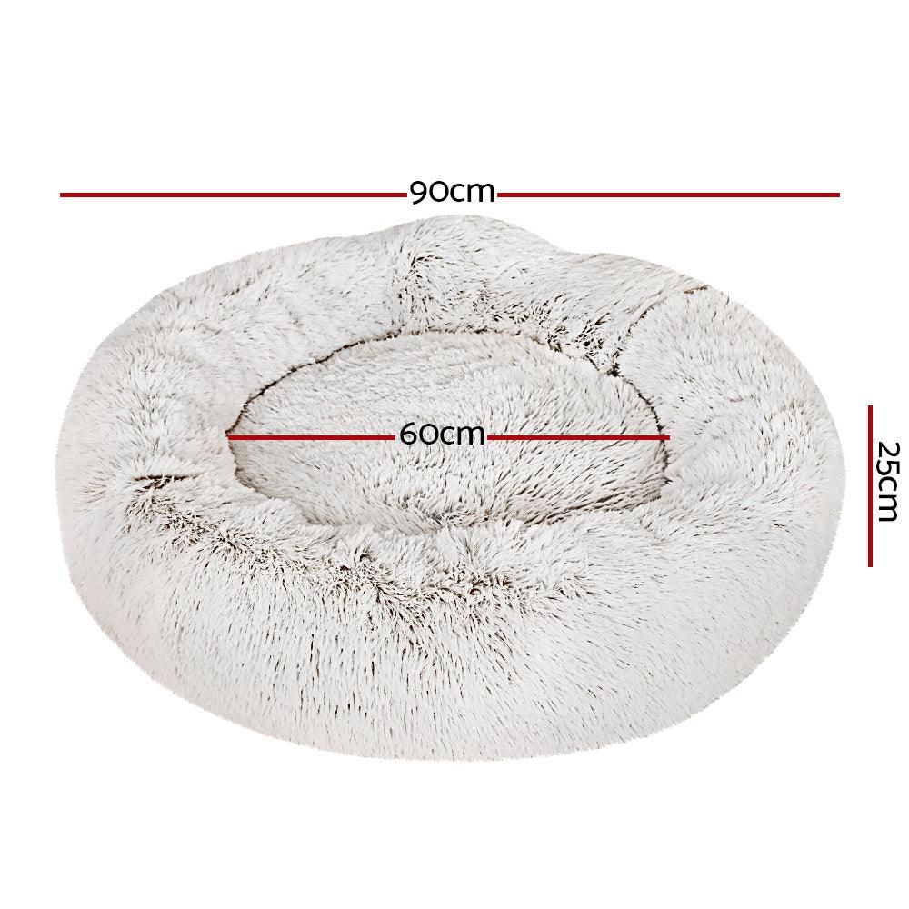 i.Pet Pet Bed Dog Cat 90cm Large Calming Soft Plush White Brown - Harrogates