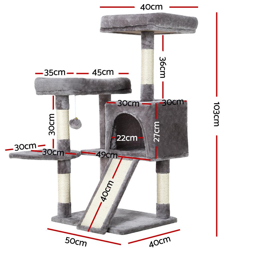i.Pet Cat Tree 103cm Tower Scratching Post Scratcher Wood Condo House Trees Grey - Harrogates
