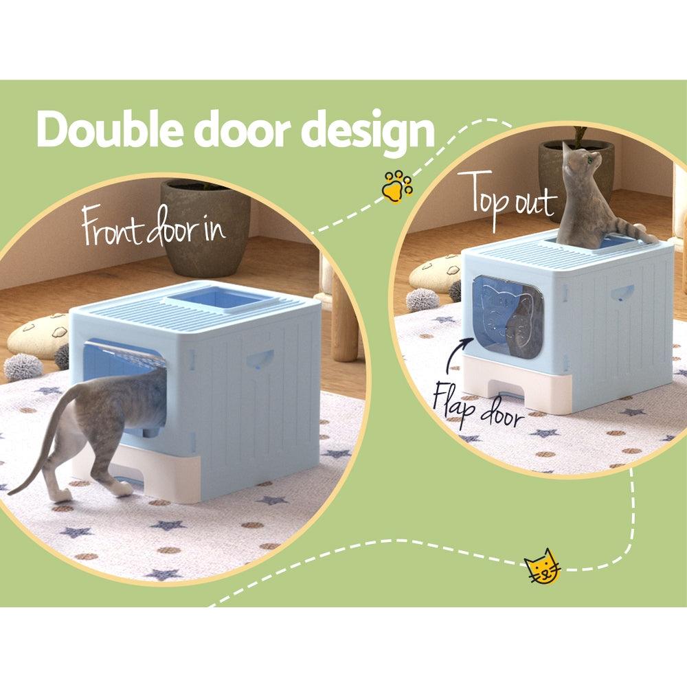 i.Pet Cat Litter Box Large Tray Kitty Toilet Enclosed Hooded Foldable Scoop Blue - Harrogates